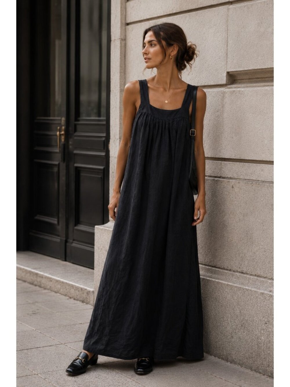 agnès b. Paris Black Linen Sleeveless Pleated Maxi Dress Size 36 French Designer